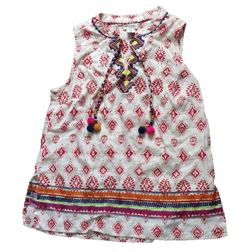 Artisan NY Women's M 100% Linen Sleeveless Split Crew Neck Embroidery Tassels **